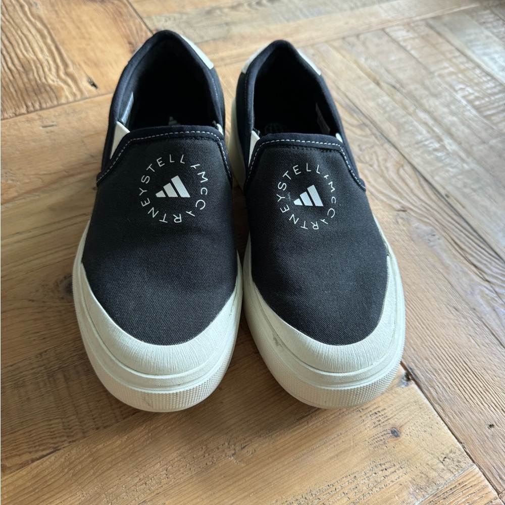 Stella McCartney Adidas slip on black and cream sneakers. Size 6.5, UK 6, EU 38
